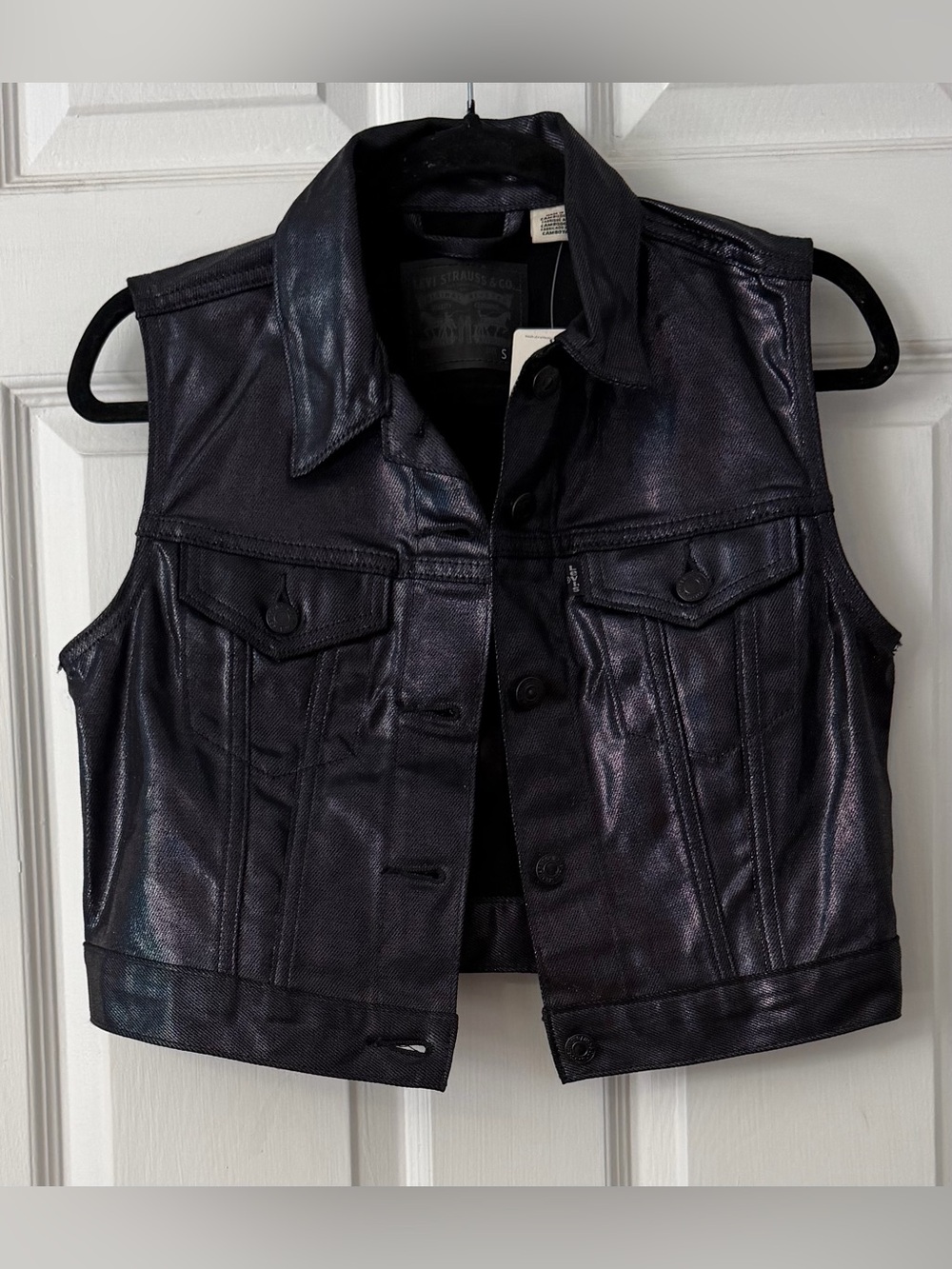 Levi’s NWT Coated Denim Cropped Vest Black Shiny Moto Trucker S